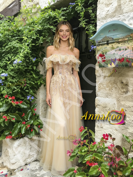 Shop 2026 ANNAKOO Champagne Tulle Off The Shoulder Beading A Line Prom Dress Under 259