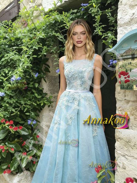 Shop 2026 ANNAKOO Ligth Blue Tulle Lace A Line Scoop Prom Dress Under 239