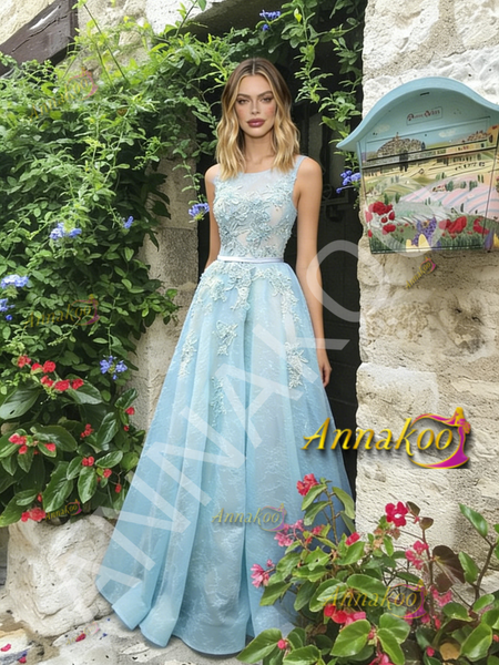 Shop 2026 ANNAKOO Ligth Blue Tulle Lace A Line Scoop Prom Dress Under 239