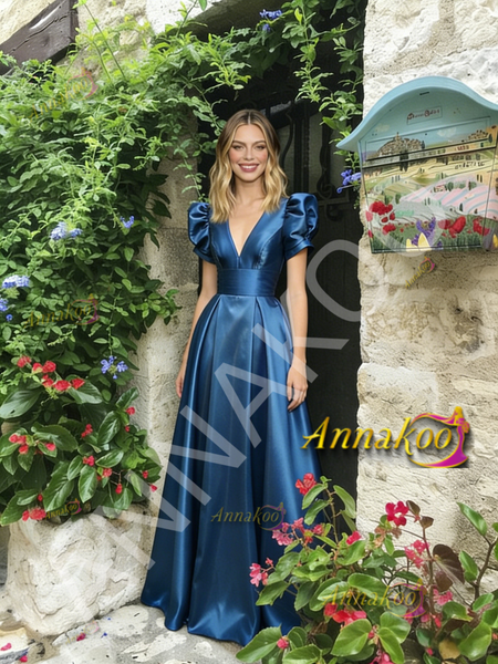 Shop 2026 ANNAKOO Blue V Neck Short Sleeve A Line Satin Prom Dress Under 189