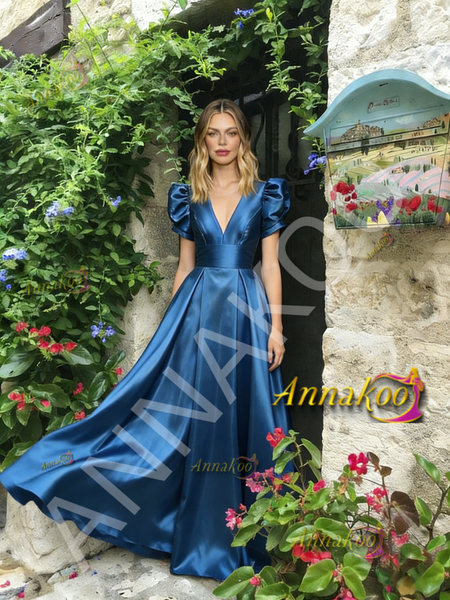 Shop 2026 ANNAKOO Blue V Neck Short Sleeve A Line Satin Prom Dress Under 189