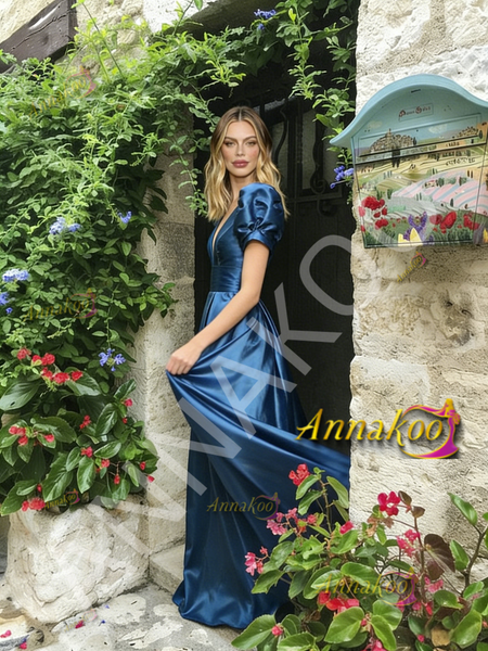 Shop 2026 ANNAKOO Blue V Neck Short Sleeve A Line Satin Prom Dress Under 189