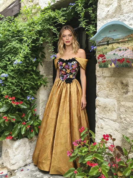 Shop 2026 ANNAKOO Off The Shoulder A Line Gold Appliques Prom Dress Under 189