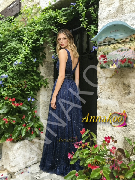 Shop 2026 ANNAKOO V Neck Beading Tulle A Line Blue Prom Dress Under 269