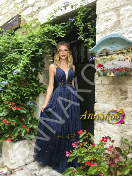 Shop 2026 ANNAKOO V Neck Beading Tulle A Line Blue Prom Dress Under 269