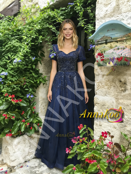Shop 2026 ANNAKOO Short Sleeve Square Tulle Beading Blue A Line Prom Dress Under 259