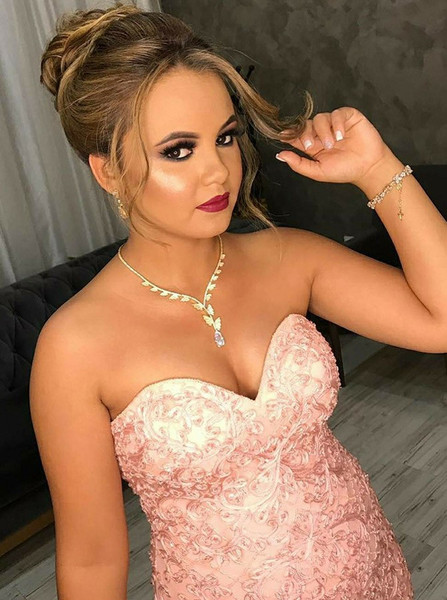 Lace Beading Mermaid Sweetheart Pink Tulle Prom Dress