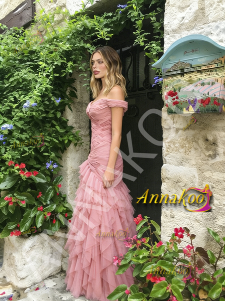 Shop 2026 Annakoo Pink Off The Shoulder Tulle Ruched Ruffles Mermaid Prom Dress Under 278