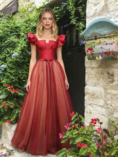 Shop 2026 ANNAKOO Fly Sleeves V Neck Tulle Red A Line Prom Dress Under 189