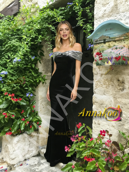 Shop 2026 ANNAKOO Off The Shoulder Trumpet Mermaid Sequin Velvet Prom Dress Under 179