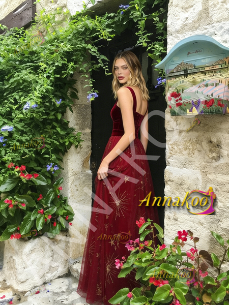 Shop 2026 ANNAKOO Red Straps A Line Stars Print Tulle Velvet Prom Dress Under 179