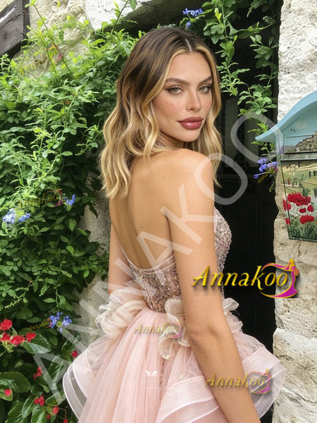 Shop 2026 ANNAKOO Halter Sequin Champagne Pink Mermaid Beading Ruffles Prom Dress Under 199