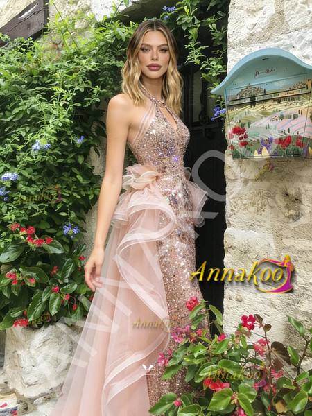 Shop 2026 ANNAKOO Halter Sequin Champagne Pink Mermaid Beading Ruffles Prom Dress Under 199