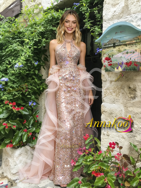 Shop 2026 ANNAKOO Halter Sequin Champagne Pink Mermaid Beading Ruffles Prom Dress Under 199
