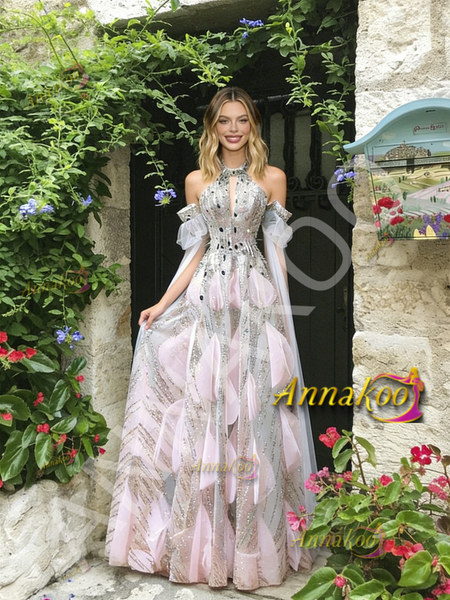 Shop 2026 ANNAKOO Halter Pink Sequin A Line Tulle Beading Prom Dress Under 239