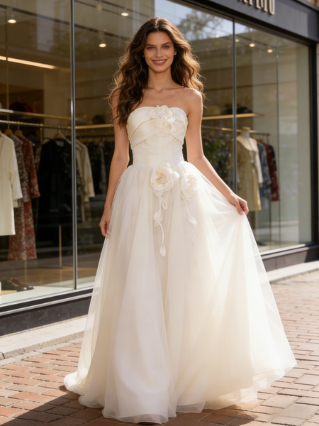 Shop 2026 ANNAKOO Strapless Flower Satin A Line Tulle Wedding Dress Under 199