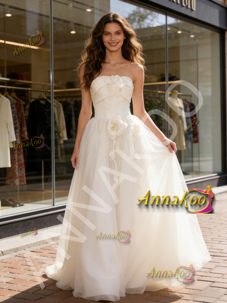 Shop 2026 ANNAKOO Strapless Flower Satin A Line Tulle Wedding Dress Under 199