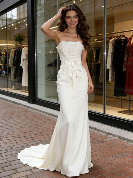 Shop 2026 ANNAKOO Strapless Bow Trumpet Mermaid Satin Wedding Dress Under 229