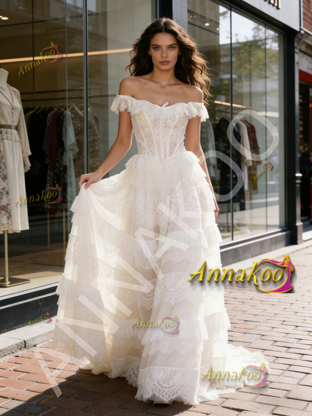Shop 2026 ANNAKOO Off The Shoulder Lace A Line Layer Wedding Dress Under 229