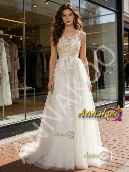 Shop 2026 ANNAKOO Jewel A Line Appliques Tulle Lace Wedding Dress Under 199