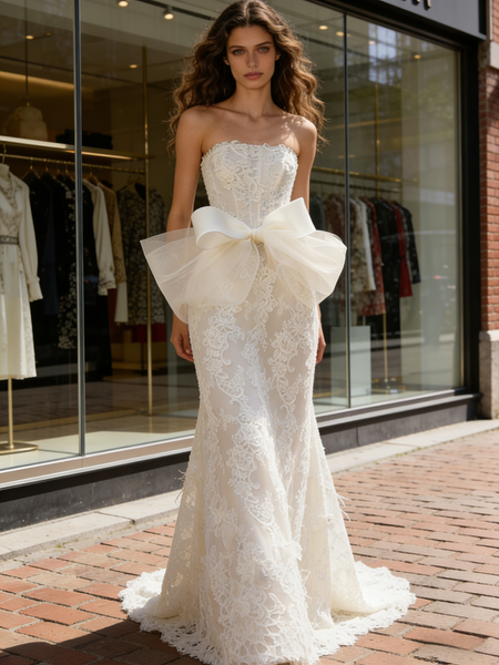 Shop 2026 ANNAKOO Strapless Ruched Trumpet Mermaid Bow Lace Wedding Dress Under 229