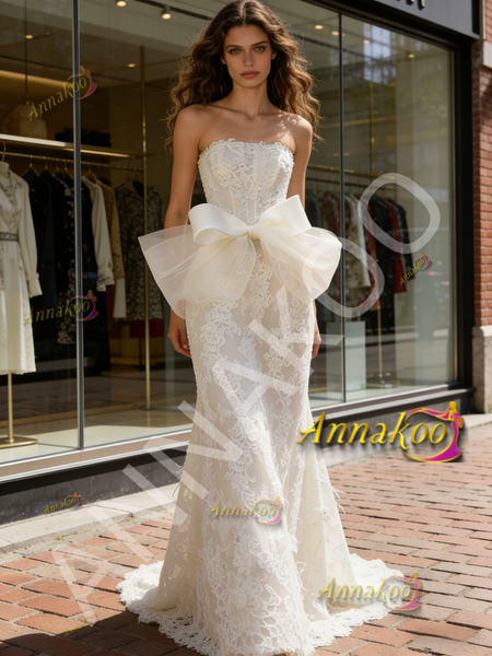 Shop 2026 ANNAKOO Strapless Ruched Trumpet Mermaid Bow Lace Wedding Dress Under 229