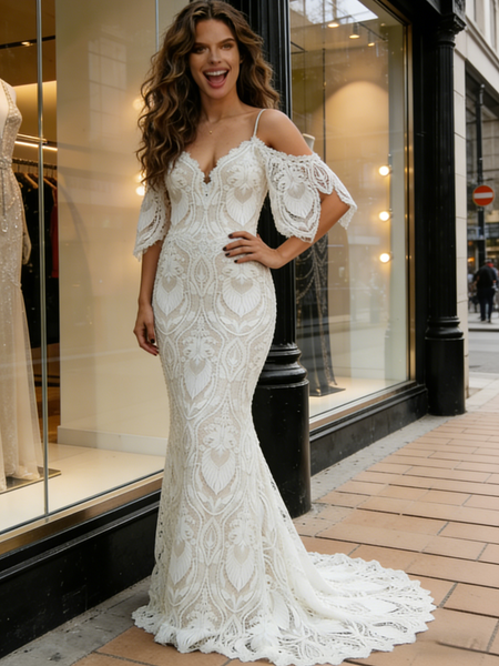 Shop 2026 ANNAKOO Cap Sleeve Lace Trumpet Mermaid Sweep Train Wedding Dress Under 279