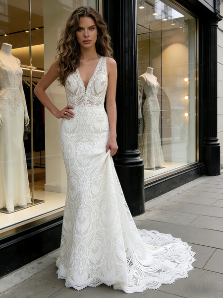 Shop 2026 ANNAKOO V Neck Trumpet Mermaid Lace Backless Wedding Dress Under 289