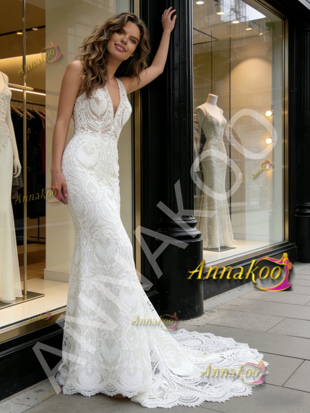Shop 2026 ANNAKOO V Neck Trumpet Mermaid Lace Backless Wedding Dress Under 289