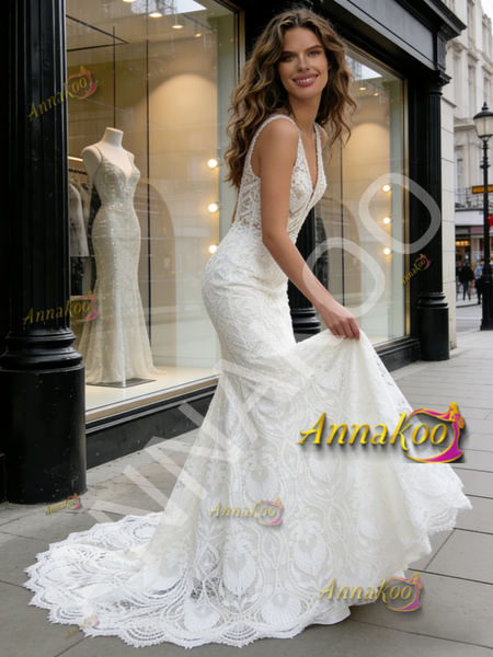 Shop 2026 ANNAKOO V Neck Trumpet Mermaid Lace Backless Wedding Dress Under 289