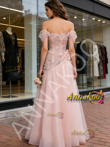 Shop 2026 ANNAKOO Off The Shoulder Pink Tulle Flowers A Line Wedding Dress Under 259