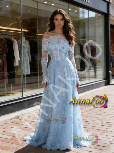 Shop 2026 ANNAKOO Off The Shoulder Long Sleeve Blue Lace Wedding Dress Under 239