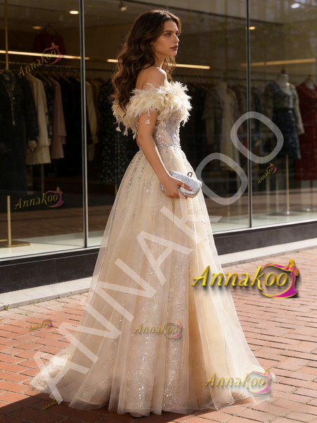 Shop 2026 ANNAKOO Champagne Tulle Ruffles Feather Beading A Line Prom Dress Under 259