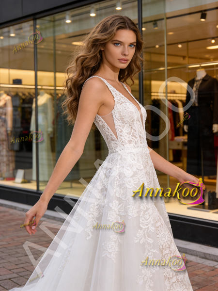 Shop 2026 ANNAKOO V Neck White A Line Tulle Lace Wedding Dress Under 298