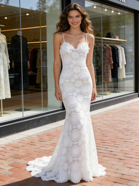 Shop 2026 ANNAKOO Lace Spaghetti Straps Trumpet Mermaid White Wedding Dress Under 199