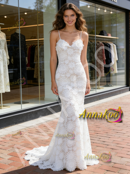 Shop 2026 ANNAKOO Lace Spaghetti Straps Trumpet Mermaid White Wedding Dress Under 199