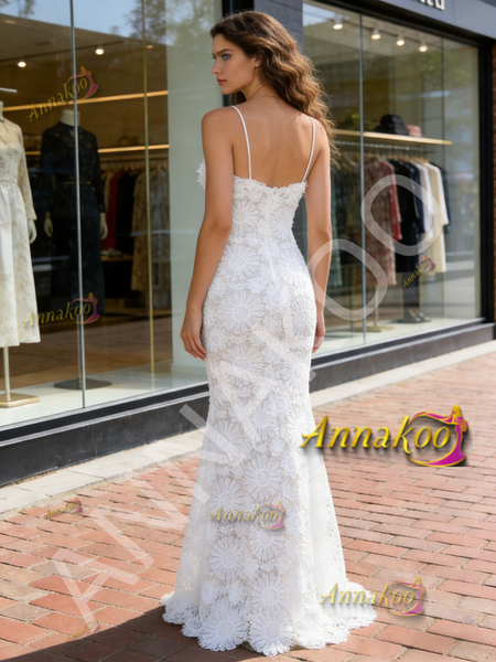 Lace Spaghetti Straps Trumpet Mermaid White Wedding Dress