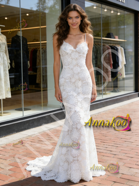 Shop 2026 ANNAKOO Lace Spaghetti Straps Trumpet Mermaid White Wedding Dress Under 199