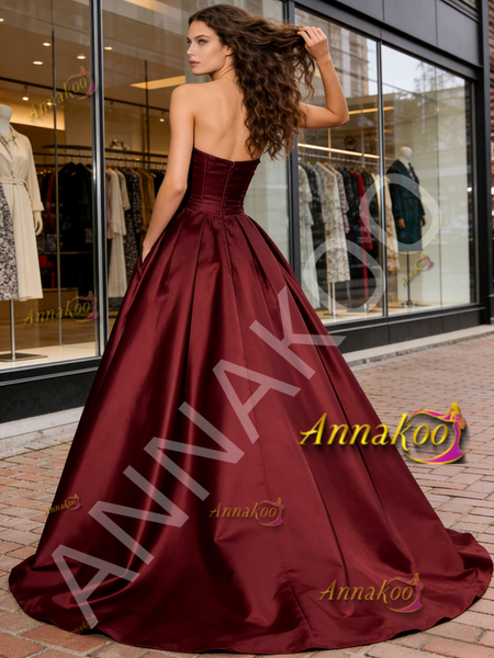 Shop 2026 ANNAKOO Burgundy Ball Gown Sweetheat Satin Prom Dress With Pockets Under 229