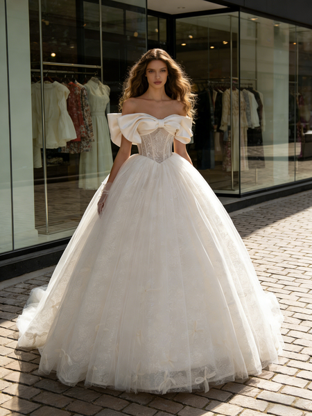 Shop 2026 ANNAKOO Ball Gown Bow Off The Shoulder Tulle Lace Wedding Dress Under 399