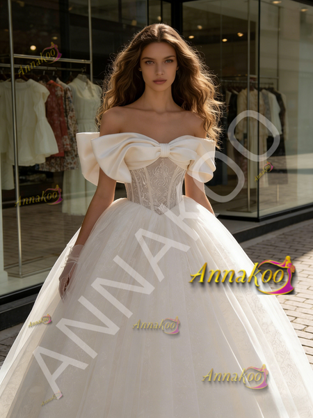 Shop 2026 ANNAKOO Ball Gown Bow Off The Shoulder Tulle Lace Wedding Dress Under 399
