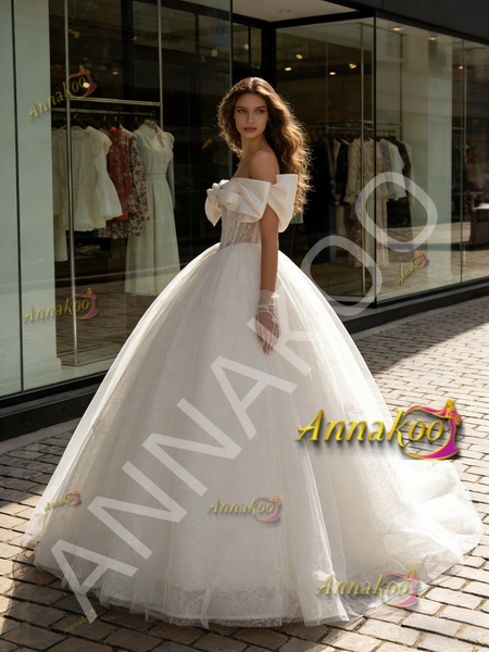 Shop 2026 ANNAKOO Ball Gown Bow Off The Shoulder Tulle Lace Wedding Dress Under 399