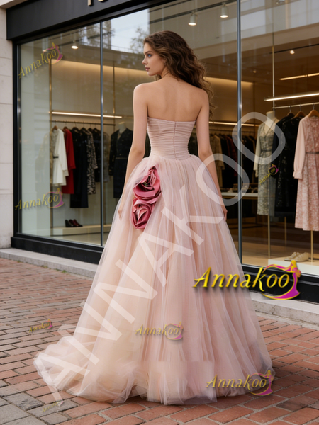 Shop 2026 ANNAKOO Pink Flower Strapless A Line Ruched Tulle Prom Dress Under 199