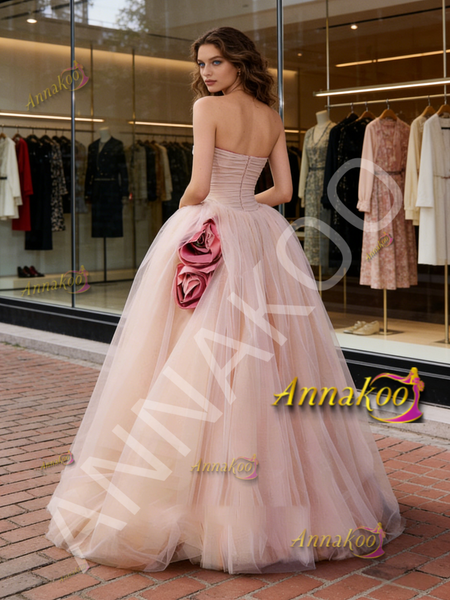 Shop 2026 ANNAKOO Pink Flower Strapless A Line Ruched Tulle Prom Dress Under 199