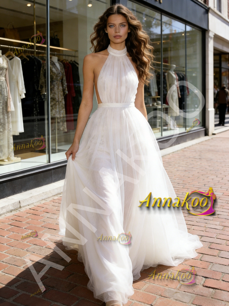 Shop 2026 ANNAKOO Halter White A Line Backless Tulle Wedding Dress Under 198