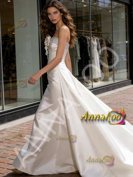 Shop 2026 ANNAKOO Satin Strapelss Trumpet Mermaid Flower Beading Wedding Dress Under 269