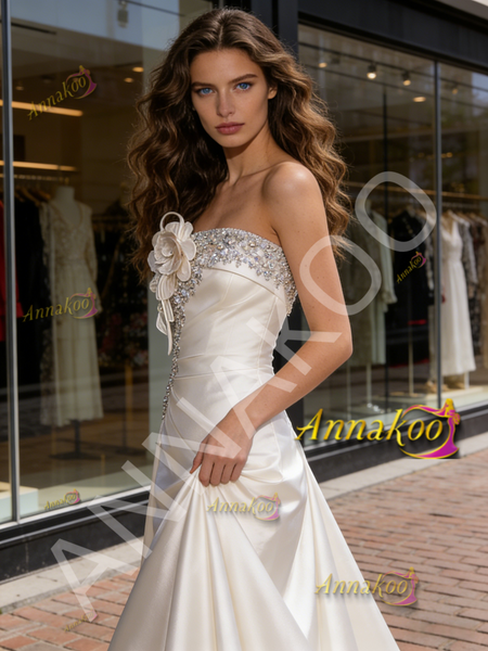 Shop 2026 ANNAKOO Satin Strapelss Trumpet Mermaid Flower Beading Wedding Dress Under 269
