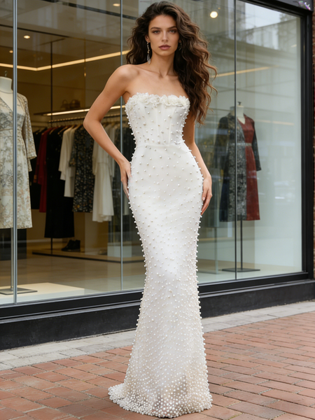 Shop 2026 ANNAKOO Pearls Strapless White Trumpet Mermaid Satin Wedding Dress Under 399