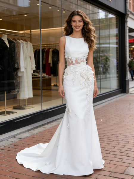 Shop 2026 ANNAKOO Scoop Trumpet Mermaid Satin Sheer Flower Wedding Dress Under 289