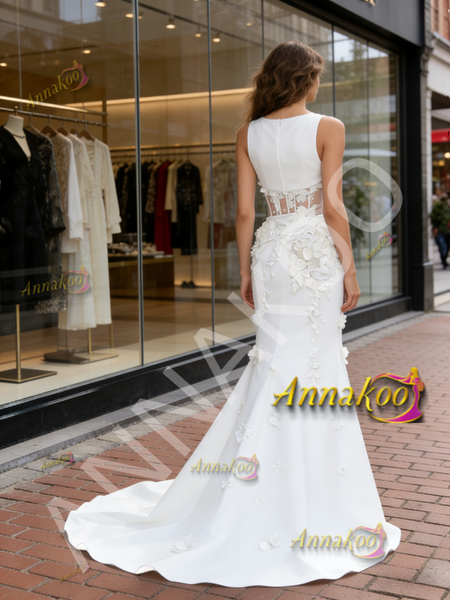 Shop 2026 ANNAKOO Scoop Trumpet Mermaid Satin Sheer Flower Wedding Dress Under 289